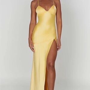 Sleek Yellow Satin Maxi Slip Dress with High Slit (Isobel Maxi Dress)